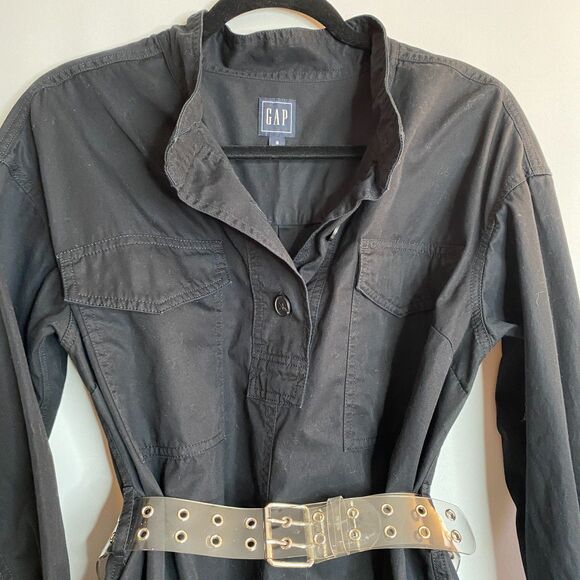 Gap Collarless Henley Pocket L/S True Black Khaki Midi Shirt Dress Size Small - Picture 6 of 16